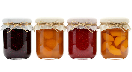 Assortment of homemade jams in glass jars with fabric lids and rustic twine ties Isolated on transparent background