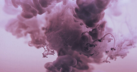 Pigment drop. Paint pour water. Color purple brown smoke flow in fluid. Spread cloud dye explosion wave abstract defocused background.