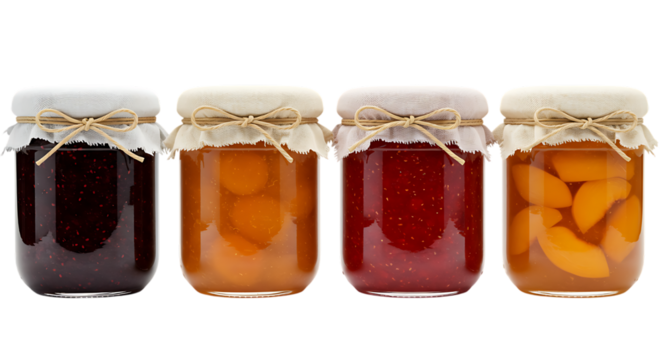 Assortment of homemade jams in glass jars with fabric lids and rustic twine ties Isolated on transparent background