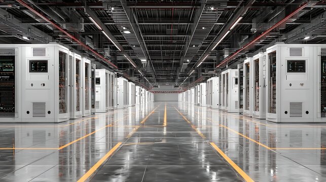 A large, empty server room with rows of white servers and red and orange lights on the ceiling. The floor is shiny and reflective, with yellow lines marking the path.