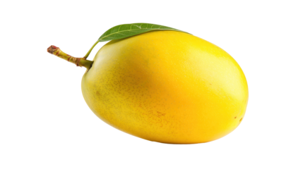 Ripe Yellow Mango with Leaf and Stem, Isolated on White Background for Culinary, Design, and Health-related Projects
