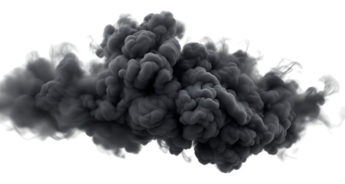 Dark gray volumetric smoke plume Isolated on transparent background for design projects
