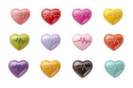Twelve colorful heart icons, each featuring a stylized EKG or heart rate monitor graphic