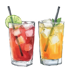 Two watercolor cocktails a red drink with lime and a yellow drink with mint