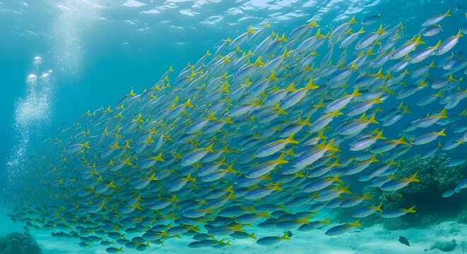 A large school of yellowtail snappers swims together in clear blue ocean water with a scuba diver in the background.