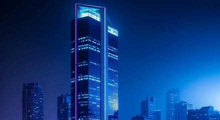 Modern skyscraper illuminated at night