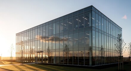 Obraz premium Modern glass office building at sunset
