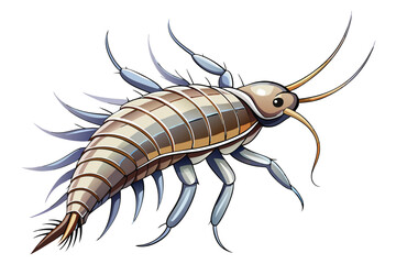 Detailed Illustration of a Silverfish with Segmented Body and Long Antennae, a Common Household Pest Known for Damaging Books