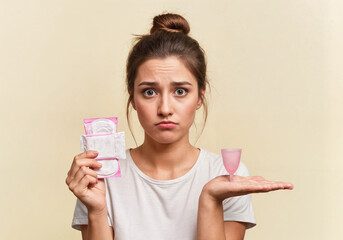 Uncertain Young Woman Holding Menstrual Pads and Menstrual Cup Women&rsquo;s Hygiene Options