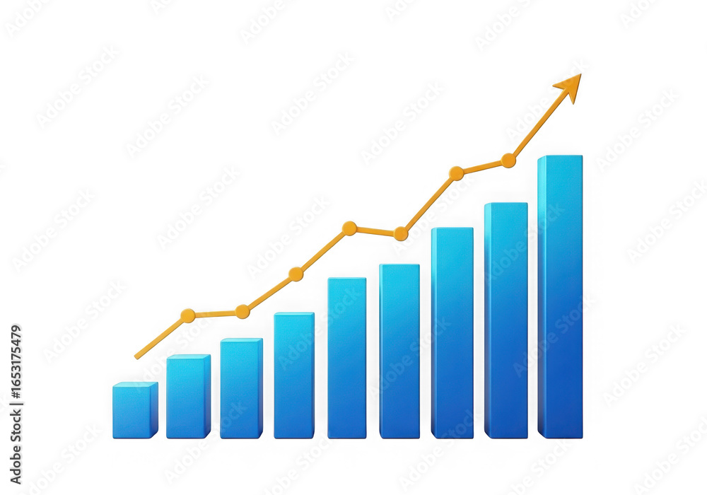 Poster rising blue bar graph with an upward trending orange line chart isolated on transparent background
