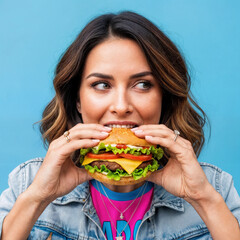 Happy Young Woman Enjoying Big Burger Junk Food Craving Concept Blue Studio