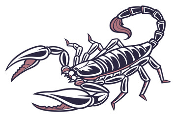 Stylized Scorpion Illustration with Exaggerated Claws and Tail, Bold Outlines and Contrasting Colors, Decorative Invertebrate Design
