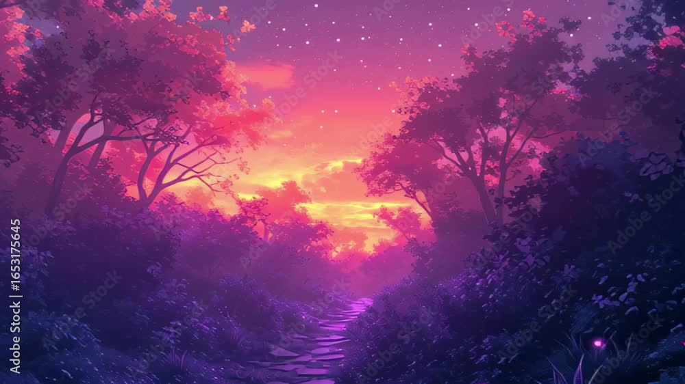 Poster mystical forest path illuminated by twilight colors and enchanting glow of fireflies