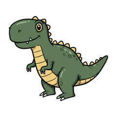 Green cartoon dinosaur with spikes and beige belly smiling on white background. Vector illustration