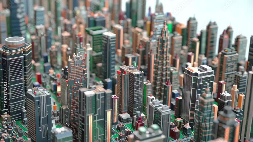 Poster miniature city landscape created from electronic components showcasing intricate structures and comp