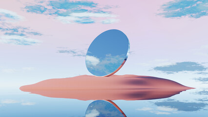3D render giant circular mirror sculpture on pink sand with sky reflection
