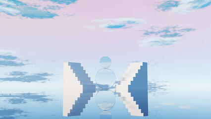 3D render surreal mirror spheres with white stair structures in pastel sky