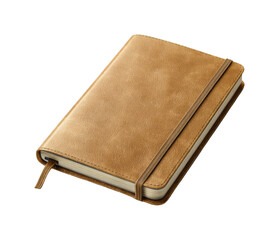 Brown leather journal with elastic band and bookmark isolated on transparent background, png