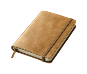 Brown leather journal with elastic band and bookmark isolated on transparent background, png
