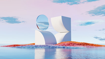 3D render abstract geometric mirror sculpture on colorful island with water reflection