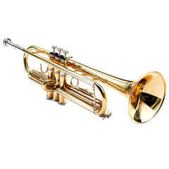 Obraz premium A gleaming brass trumpet with three valves and a bell isolated on transparent background