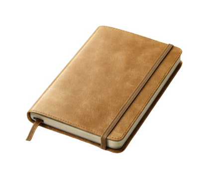 Brown leather journal with elastic band and bookmark isolated on transparent background, png