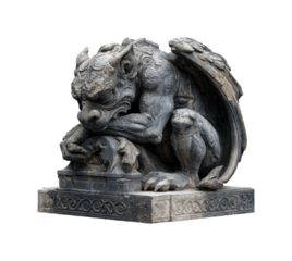 Gothic gargoyle statue with wings and fierce expression isolated on transparent background, png