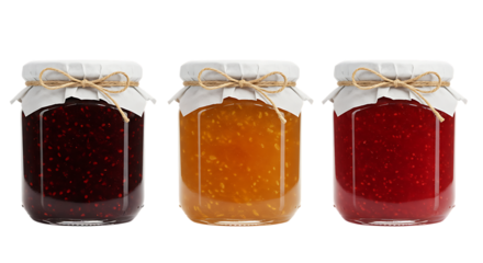 Three jars of homemade jam with wrapped lids and twine Isolated on transparent background
