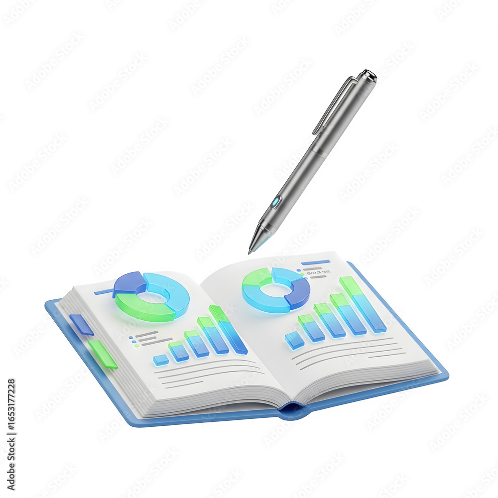 Poster 3d icon of open book with financial charts and a pen isolated on transparent background