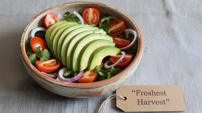 
A healthy and delicious salad bowl of sliced avocado, cherry tomatoes, and red onions. - Powered by Adobe