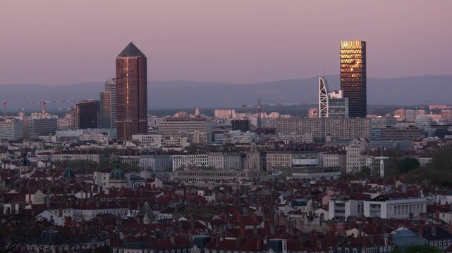 Lyon France time lapse day to night city skyline high angle view at city center