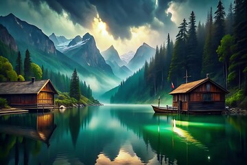Serene mountain lake with rustic cabins and dramatic sky