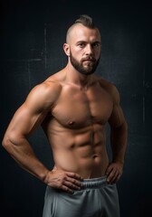 Fototapeta premium Muscular man with a mohawk posing with hands on hips in front of a dark background