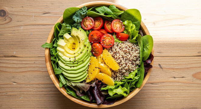 Top-down view of a vibrant, healthy vegan salad bowl with quinoa, avocado, and fresh vegetables on a rustic wooden table. Healthy eating concept.