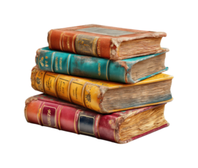 Stack of aged books with antique leather covers and worn pages isolated on transparent background, png