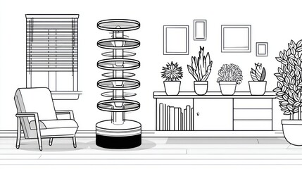 Interior sketch of a room with modern decor and unusual rotating element