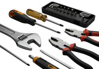 Variety of hand tools including wrench, pliers and screwdrivers isolated on transparent background