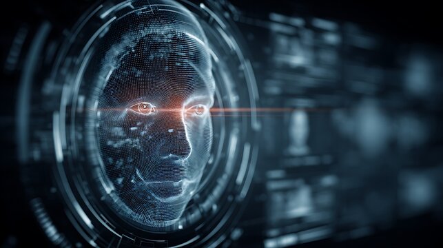 A futuristic, digital face with a glowing red eye, set against a dark, high-tech background with a circular, futuristic interface.