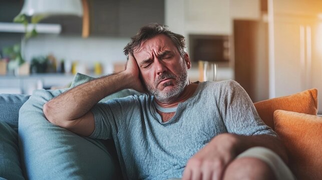 Tired man on couch feeling hot