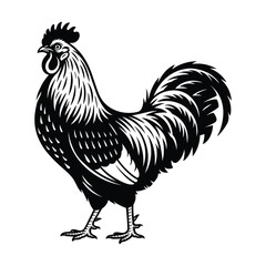 Stylized black and white rooster illustration in woodcut style, showcasing bold feathers, curved tail, and traditional farm animal design