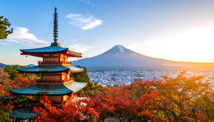 Naklejka premium Serene Autumn Sunrise: Japanese Pagoda, Mount Fuji, and Vibrant Fall Foliage Overlooking Cityscape.