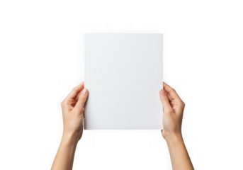 Hands holding blank paper sheet mockup isolated on transparent background