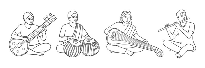 Indian Musicians Playing Traditional Instruments Vector Art, Sitar, Tabla, Flute, Veena, Cultural Heritage