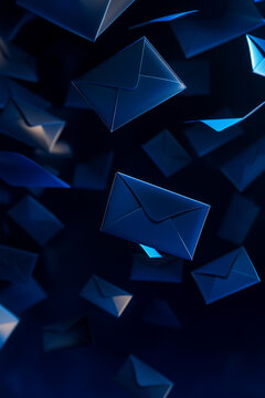 Blue Envelopes Spread on a Black Background &ndash; Symbol of Communication and Connection