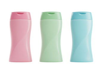 Colorful plastic shampoo or cosmetic bottles arranged neatly Isolated on transparent background