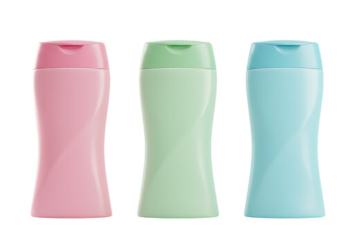 Colorful plastic shampoo or cosmetic bottles arranged neatly Isolated on transparent background