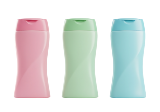 Colorful plastic shampoo or cosmetic bottles arranged neatly Isolated on transparent background