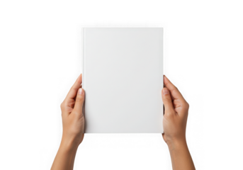 Hands holding blank white paper sheet isolated on transparent background