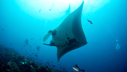 Majestic Manta Ray Soaring Through Vibrant Ocean Depths, Surrounded by Smaller Fish and Coral Reef, Underwater Wildlife Scene, Serene Aquatic Life.