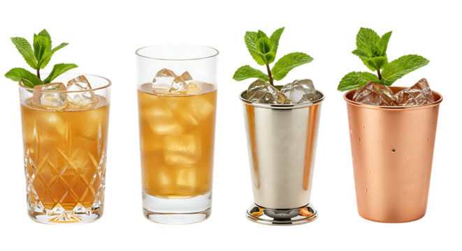Four refreshing cocktails in different glasses with mint and ice Isolated on transparent background
